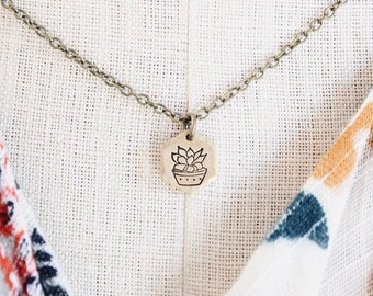 Tiny succulent charm necklace | Hand stamped pendant | Plant lover | Simple antique brass | Botanical jewelry
