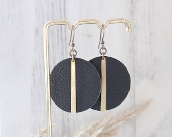 Black genuine leather circle brass bar earrings | Round statement earrings | Geometric circles