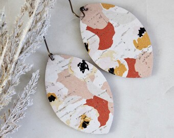 Cork on genuine leather diamond petal shape earrings | Orange pink poppy floral | Poppies flower print