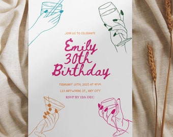Invitación de cumpleaños con diseño de cóctel dibujada a mano: plantilla editable de Canva.