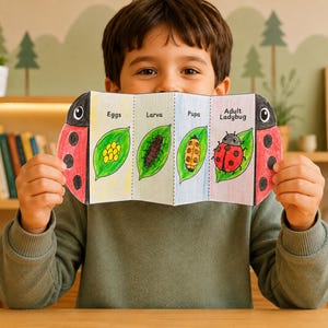 May include: A child holds a colorful, folded paper depicting the life cycle of a ladybug. The stages, labeled "Eggs," "Larva," "Pupa," and "Adult Ladybug," are illustrated with drawings. The paper has a red and black ladybug design on each end.