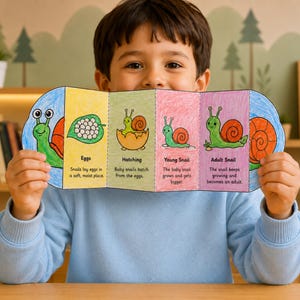 May include: A child holds a colorful educational booklet illustrating the life cycle of a snail. The booklet shows stages from eggs to adult, with text descriptions. The illustrations feature green snails with orange shells.