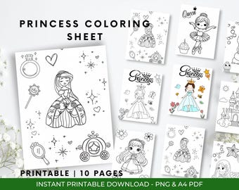 Princess Coloring Pages: Kids' Printable Activity Book (PDF & PNG Files