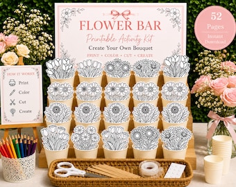 Flower Bar Printable Kit | Pink Flower Bar Sign Set | DIY Bouquet Activity | 40 Flowers & 12 Vase Designs | Garden Party Decor