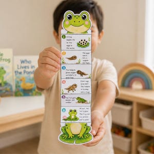 May include: A child holds a colorful educational chart illustrating the life cycle of a frog. The chart features a green frog illustration at the top and bottom, with sequential images and text describing the frog's development. Books and a teddy bear are in the background.
