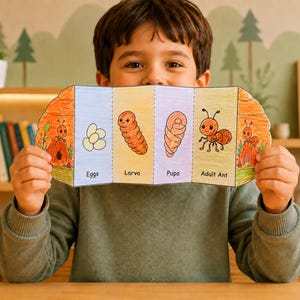 May include: A child holds a colorful educational diagram illustrating the life cycle of an ant. The diagram shows the stages: eggs, larva, pupa, and adult ant, with each stage labeled in black text. The background includes a bookshelf and decorative trees.