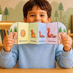 May include: A child holds a colorful educational chart illustrating the life cycle of a worm. The chart shows stages from egg to adult worm, with text labels. The background includes a bookshelf, plants, and a framed picture.