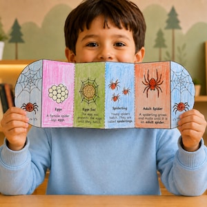 Puede incluir: Un niño sostiene un diagrama colorido que ilustra el ciclo de vida de una araña. El diagrama muestra huevos, saco de huevos, arañitas y una araña adulta, con descripciones textuales. El fondo incluye una estantería de madera y una pared con diseños de árboles.