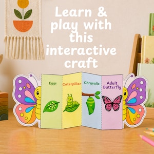 Peut inclure: Un artisanat interactif sur le cycle de vie du papillon avec des illustrations colorées. Le texte "Learn & play with this interactive craft" est affiché au-dessus de l'artisanat. Un lapin en peluche, un arc-en-ciel en bois et des crayons sont également visibles.