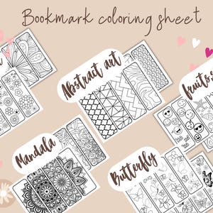 May include: A collection of printable bookmark coloring sheets with various designs, including flowers, abstract art, fruits, shapes, mandalas, and butterflies. The text "Bookmark coloring sheet" is written at the top. The bookmarks are black and white and ready to be colored.
