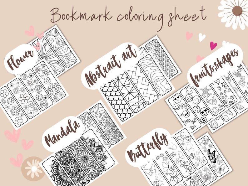 May include: A collection of printable bookmark coloring sheets with various designs, including flowers, abstract art, fruits, shapes, mandalas, and butterflies. The text "Bookmark coloring sheet" is written at the top. The bookmarks are black and white and ready to be colored.