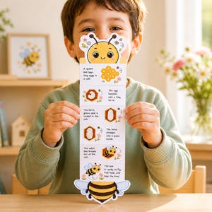 以下が含まれることがあります： 子供が持っている、カラフルなミツバチをテーマにした教育カード。カードには、テキストとイラストでミツバチのライフサイクルが描かれています。カードは黄色、黒、白で、上部と下部に漫画のミツバチが描かれています。背景には、額に入ったミツバチのイラストがあります。