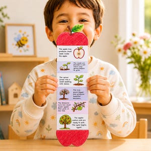 Puede incluir: Un niño sostiene una tarjeta educativa roja en forma de manzana que ilustra el ciclo de vida de la manzana. La tarjeta presenta texto e ilustraciones que muestran las etapas de crecimiento, desde la semilla hasta la fruta madura. El niño lleva un suéter color crema.