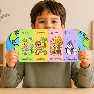 Peut inclure: Un bricolage éducatif à quatre panneaux illustrant les saisons : le printemps avec un lapin, l'été avec un enfant dans une piscine, l'automne avec un ours et des feuilles, et l'hiver avec un pingouin, encadré par un globe bleu et vert.