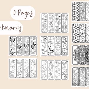 May include: A collection of 40 coloring bookmarks with various designs, including flowers, butterflies, emojis, and geometric patterns. The image also includes the text "10 Pages". Each bookmark is rectangular and features black line art on a white background.