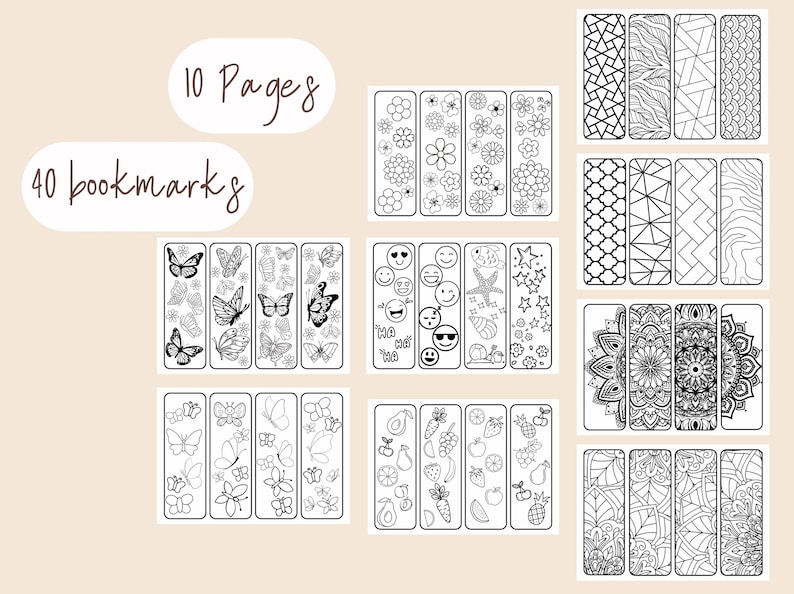 May include: A collection of 40 coloring bookmarks with various designs, including flowers, butterflies, emojis, and geometric patterns. The image also includes the text "10 Pages". Each bookmark is rectangular and features black line art on a white background.