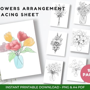May include: A collection of flower arrangement tracing sheets. The main sheet features a watercolor illustration of colorful flowers in a blue vase. Surrounding sheets display various black and white floral line drawings. The text reads "FLOWERS ARRANGEMENT TRACING SHEET" and "15 PAGES".