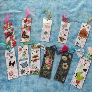 Floral bookmarks part 3 laminated with ribbon or tassel and charm colorful flower butterflies bees fruit