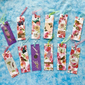 Floral bookmarks part 2 laminated handmade colorful flowers butterflies bees with ribbon or tassel and charm
