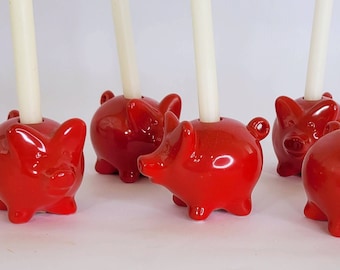 Set of 5 Red Christmas Pig Candle Holders Made In Korea