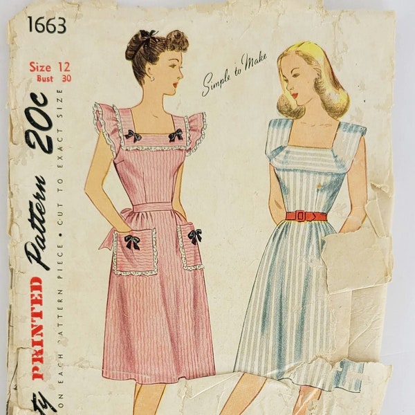 1940s Dress Pattern Simplicity 1663 30 Inch Bust Square Neckline