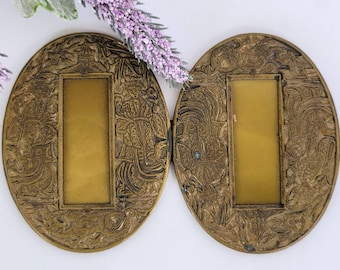 Antique Oval Art Noveau Brass Buckle Set with Intricate Raised Oriental Design - Temple - People - Dragon