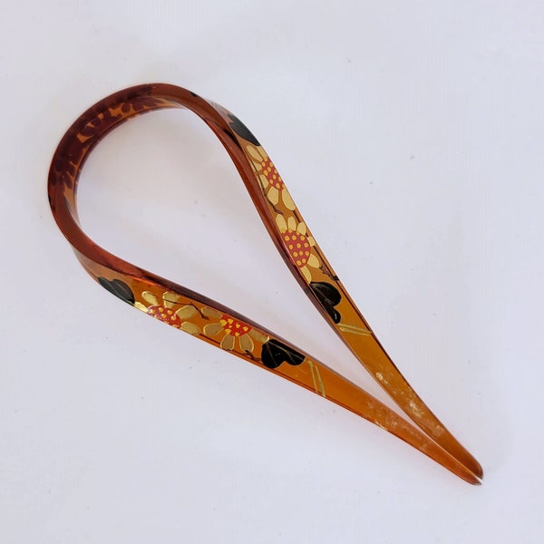 Vintage Lucite Hair Fork Brown Marbleized with Painted Flowers