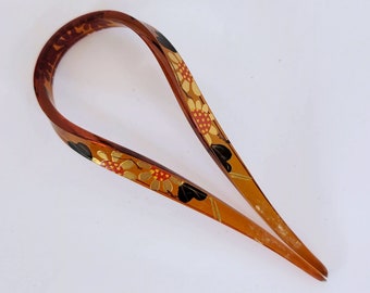 Vintage Lucite Hair Fork Brown Marbleized with Painted Flowers