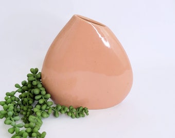 Vintage Postmodern Dusty Peach Modern Art Pottery Vase Made In Korea - 1980s - Sculptural Teardrop - Asymmetrical