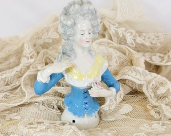 Antique Large Half Doll 5 Inch Court Figure Gray Hair Lady Holding A Rose