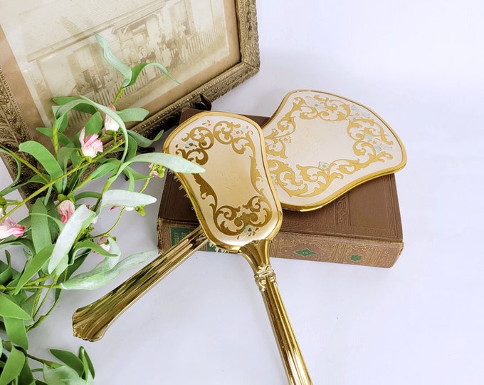 Vintage Hand Mirror and Brush Set Hollywood Regency Vanity Scrolls and