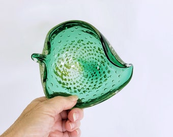 5.5" Green Murano Bullicante with Silver and Gold Oro Inclusions Leaf Shape Ashtray or Candy Dish