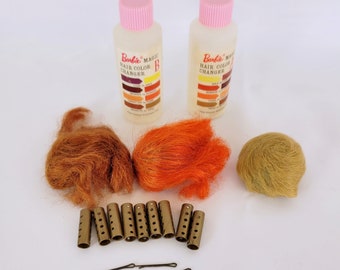 1960s Barbie Rollers Hairpins Wigs and 2 Empty Bottles of Hair Color Changer