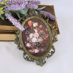 Small Vintage Italian Floral Print in Brass Frame