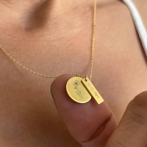 14k Solid Gold Disk Birth Flower Necklace - Personalized Disk Month Flower Pendant - Unique Birthday Gift for Her - Charm Necklace Florals