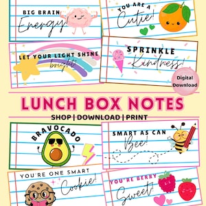 Puede incluir: Una colección de notas coloridas para loncheras con ilustraciones lúdicas y mensajes positivos. Los diseños incluyen un cerebro, una naranja, un arcoíris, helado, aguacate, abeja, galleta y bayas. El texto incluye "Big Brain Energy!", "You Are a Cutie!" y "Lunch Box Notes".