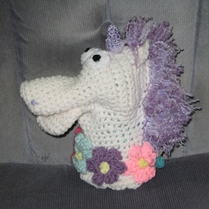 Purple-trimmed Unicorn crocheted hand puppet