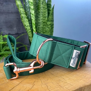May include: A green dog collar and matching lead with rose gold hardware. The collar has a quilted design and the brand name "Hannifberry Designs" is printed on the collar.