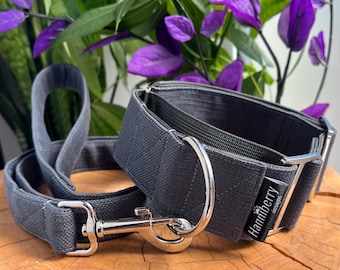 Graphite Dark Grey Woven Canvas Martingale Dog Collar 2" or 1.5" inch Wide, Optional Matching Leash, Tough Strong, Small to Large Dogs, gray