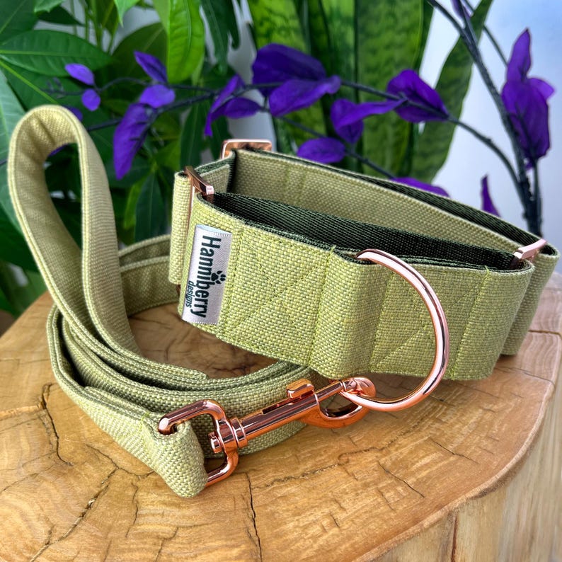 Op de afbeelding: Een hondenhalsband en riemset van saliegroene stof met ros&eacute;gouden metalen hardware. De halsband bevat een rechthoekig zilveren label met de tekst Hanniberry designs en een pootafdruk-icoon. Gemaakt van een geweven materiaal met textuur.
