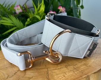Light Grey Martingale Dog Collar Optional Matching Lead Leash, Water Repellent Tough 2" 1.5" wide, Giant Dogs, Silver Gray Buckle