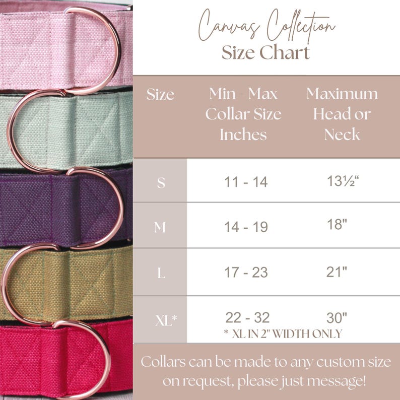 Op de afbeelding: Een Canvas Collection maattabel voor halsbanden met vijf gestapelde stoffen halsbanden in roze, mint, paars, olijf en magenta, elk met een ros&eacute;gouden D-ring. De tabel toont de maten S tot XL met bijbehorende nekmaten in inches.