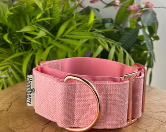 2" Inch or 1.5 inch Width Pale Pink Canvas Martingale Collar,Rose Gold Fixings, Blush, Light, Pastel, Tough Sturdy Control Small-XL Giant