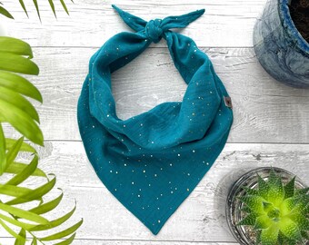 Teal Dog Bandana, Tie Knot Style, Fine Drape, Soft Lightweight Muslin Fabric with Gold Flecks. Smart, wedding occasion, gift.