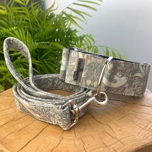 Bird Print Martingale Dog Collar, Beige, Waterproof, 1.5" or 2" wide, Wiliam Morris Strawberry Thief, strong control, small to giant size