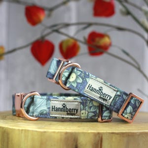 May include: Two dog collars with a floral pattern and rose gold hardware. The collars have the text "Hanniberry Designs" on them.