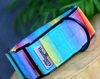 May include: A wide pet collar featuring a vibrant rainbow gradient pattern in shades of blue, yellow, pink, and orange. The collar includes black metal hardware, a black D-ring, and a small rectangular fabric tag labeled Hanniberry designs.