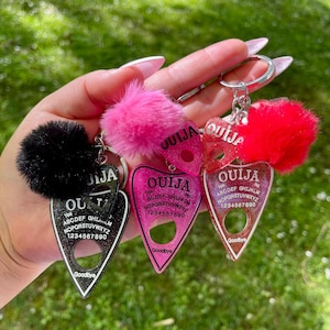 Ouija Kawaii Key Charms, Cute Horror Keychain, Spooky Pom Pom Purse Tag, Glitter Decor, Handbag Clip, Ouija Board Horror Decor, Funky Cute