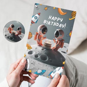 Verjaardagskaart en speldset astronauten – Leuke astronauten op de maan | Leuk verjaardagscadeau met ruimtethema, jongens en meisjes