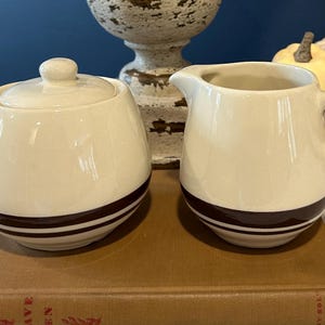 Vintage 1970&#39;s McCoy Pottery Off-White with Brown Stripes Sugar and Creamer Set